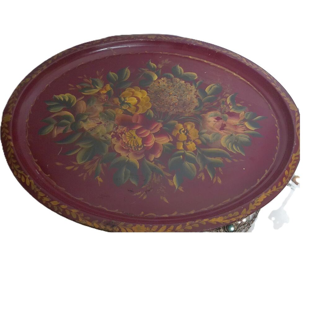 Vintage Toleware Floral Tray Cottagecore Decor Shabby Chic Large Metal Tray